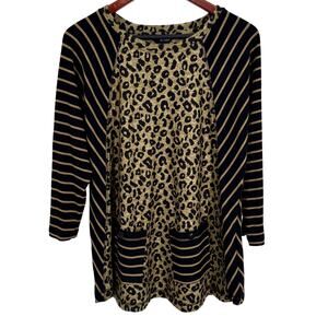 Ali Miles Small Tan Black Wearable Art to Wear Animal Print Blouse Shirt Top